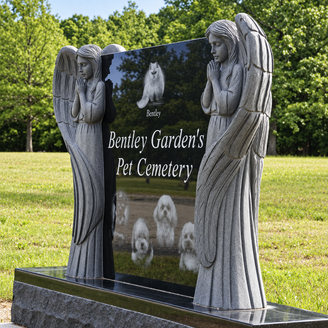 The Bentley Gardens Pet Cemetery monument, framed by two angel statues and surrounded by green grounds